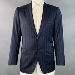 ISAIA Size 42 Regular Navy Blue White Stripe Wool Twill Sport Coat